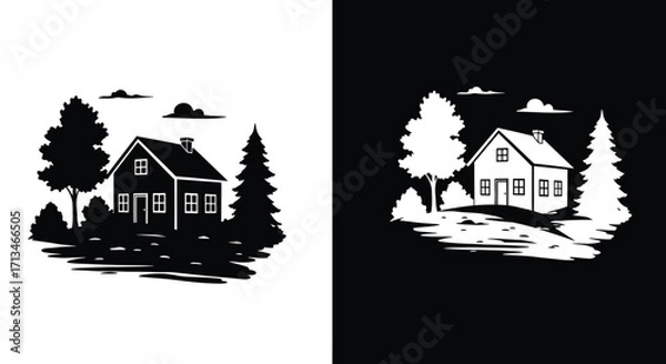 Fototapeta Black and white vector illustration of a house in a landscape with trees and clouds.