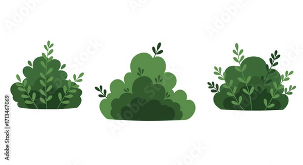 Fototapeta Three stylized depictions of green bushes with varying shapes and leaf details.