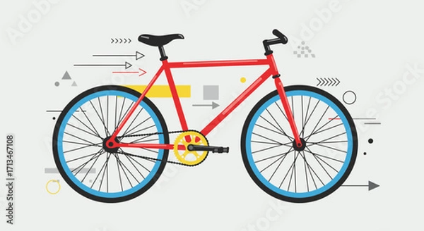 Fototapeta Red bicycle illustration with geometric design elements.