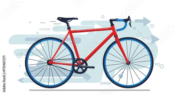 Fototapeta A red road bicycle with blue wheels and handlebars in a side profile view, depicted in a flat vector illustration style with motion arrows.
