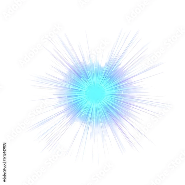 Fototapeta Radiant cyan light burst with brilliant glowing rays, a futuristic abstract energy flare or starburst effect isolated on a white background