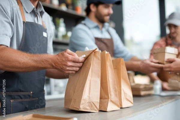 Fototapeta A delivery driver picking up bags of food from the counter Staff hands them over quickly The mood feels fast and professional, Generative AI 