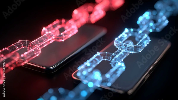 Fototapeta Virtual Representation of a Secure Blockchain Technology Connecting Two Smartphones With Glowing Chains