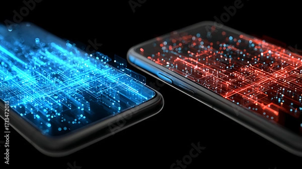 Obraz Smartphones Displaying Vibrant Blue and Red Digital Connectivity Patterns in a Dark Environment