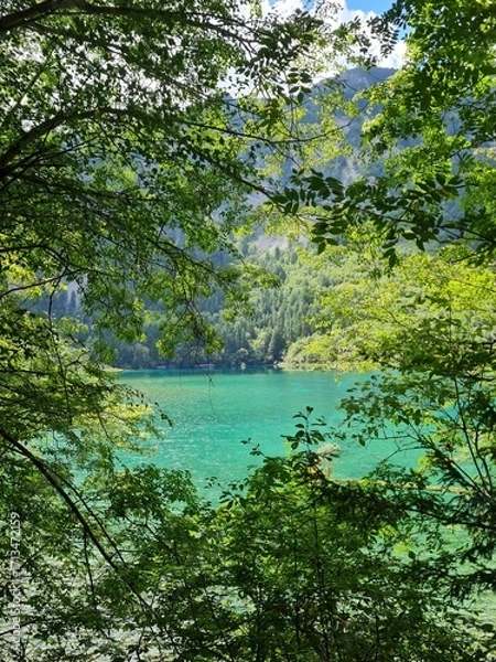 Fototapeta Reflection on the surface of a lake in summer in Jiuzhaigou National Park, China.