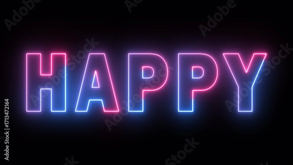 Obraz Neon glowing happy text effect, editable neon light text happy isolated on black background.
