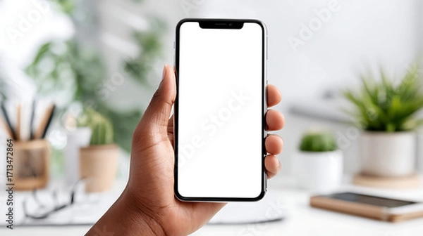 Fototapeta Hand Holding a Smartphone With a Blank Screen in a Bright Indoor Workspace With Plants and Office Supplies