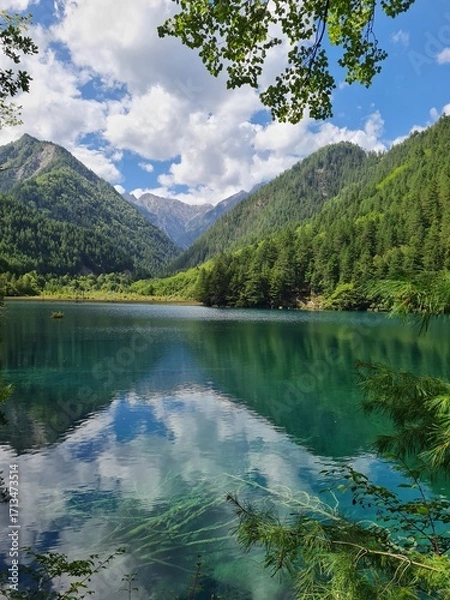 Fototapeta Reflection on the surface of a lake in summer in Jiuzhaigou National Park, China.