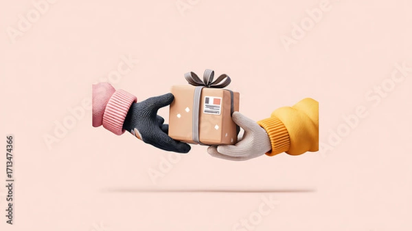 Fototapeta Gift Exchange Between Hands in Colorful Gloves During a Festive Season
