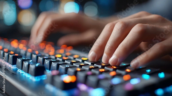 Fototapeta Close-up View of Hands Typing on a Colorful Mechanical Keyboard During Late-Night Gaming Session