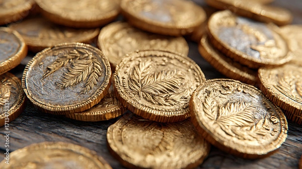 Fototapeta Stacked Shiny Gold Coins From Various Angles Showcasing Intricate Designs and Textures on Wooden Table