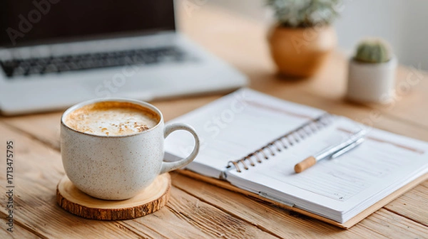 Fototapeta Cozy Workspace Setup With Coffee, Planner, and Laptop in a Warm Natural Light Setting