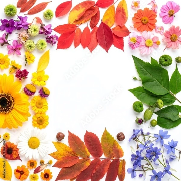 Fototapeta A vibrant circle composed of various colored flowers, including reds, yellows, and blues, interspersed with lush green leaves, creating a lively floral arrangement.