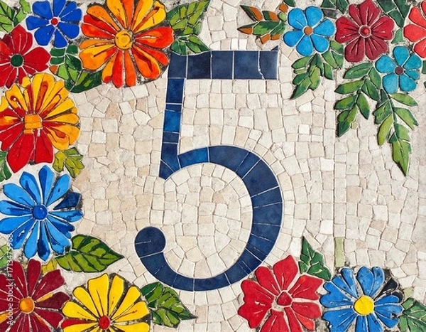 Fototapeta A vibrant number 5 elegantly nestled among a variety of colorful flowers and lush green leaves, creating a lively and cheerful atmosphere.