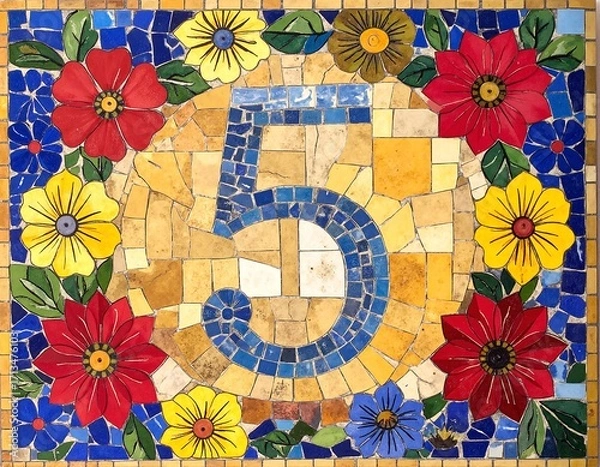 Fototapeta A vibrant mosaic featuring an intricate design of colorful flowers and lush green leaves, beautifully arranged to create a stunning visual display.