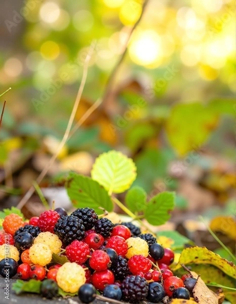 Fototapeta A vibrant pile of assorted berries, including strawberries, blueberries, and raspberries, mixed with ripe peaches and plump cherries scattered on the ground.