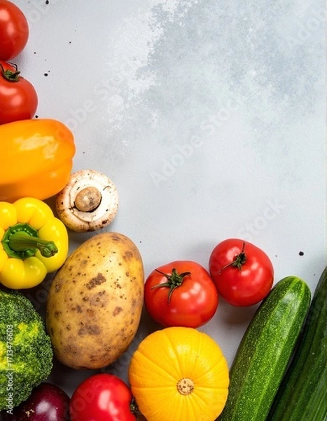 Fototapeta A colorful assortment of fresh vegetables, including vibrant bell peppers, crisp cucumbers, ripe tomatoes, and leafy greens, beautifully arranged on a rustic wooden table.