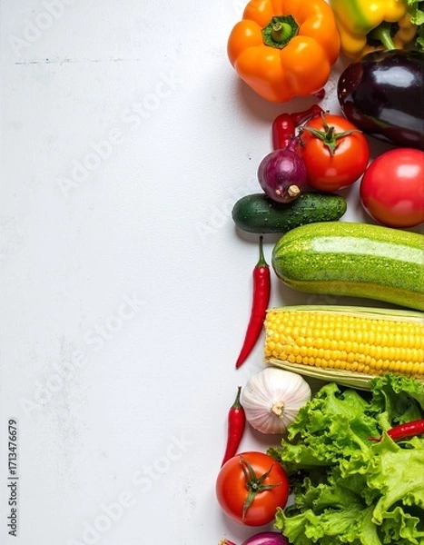 Fototapeta A colorful assortment of fresh vegetables stacked together, including vibrant bell peppers, crisp cucumbers, juicy tomatoes, and leafy greens.