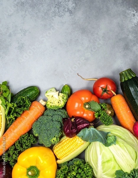 Fototapeta A vibrant assortment of fresh vegetables, including bright red tomatoes, crisp green bell peppers, leafy spinach, and earthy carrots, arranged artfully.