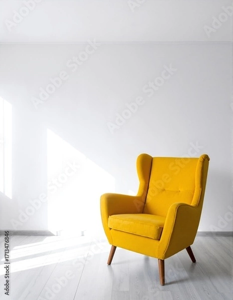 Fototapeta A vibrant yellow chair stands alone in a spacious, sunlit room with white walls and a polished wooden floor, creating a cheerful focal point.
