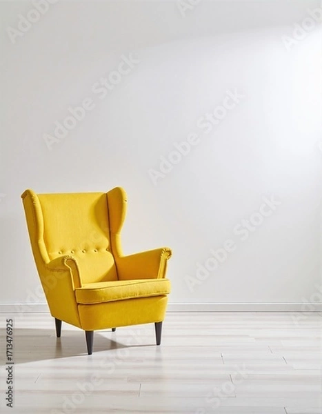 Fototapeta A vibrant yellow chair stands alone in a spacious, empty room with white walls and a polished wooden floor, casting a soft shadow in the sunlight.