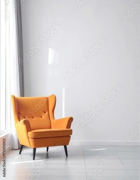 Fototapeta A cozy, wooden chair with a soft cushion sits invitingly in front of a large window, allowing natural light to flood the room, enhancing its warmth.