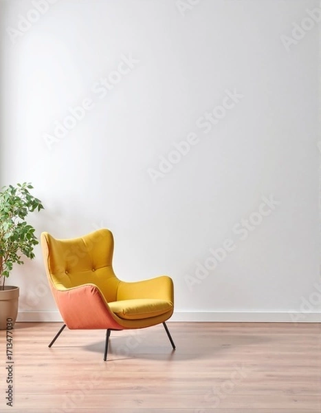 Fototapeta A bright yellow chair sits against a plain wall in an empty room, accompanied by a vibrant pot of lush green plants, adding a touch of life.
