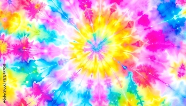 Fototapeta A vibrant tie-dye fabric showcasing a mesmerizing swirl of rainbow colors, blending hues of red, orange, yellow, green, blue, and purple in a playful pattern.