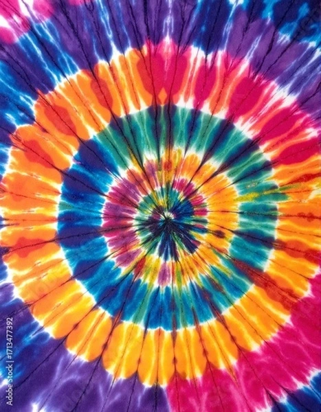 Fototapeta A vibrant tie-dye design featuring a swirling rainbow spiral pattern, showcasing a blend of bright colors like red, blue, yellow, and green, creating a lively, artistic effect.