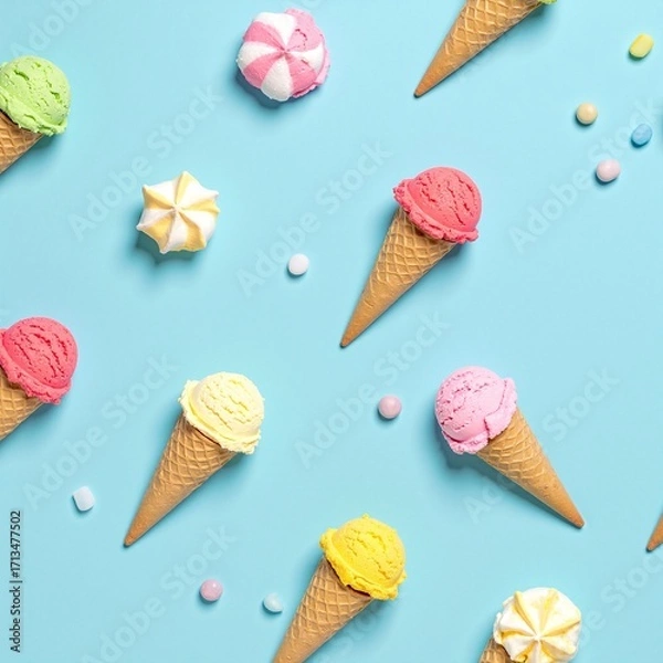 Fototapeta A delightful assortment of ice cream cones, each topped with vibrant sprinkles, luscious chocolate syrup, and fresh fruit, creating a tempting treat display.