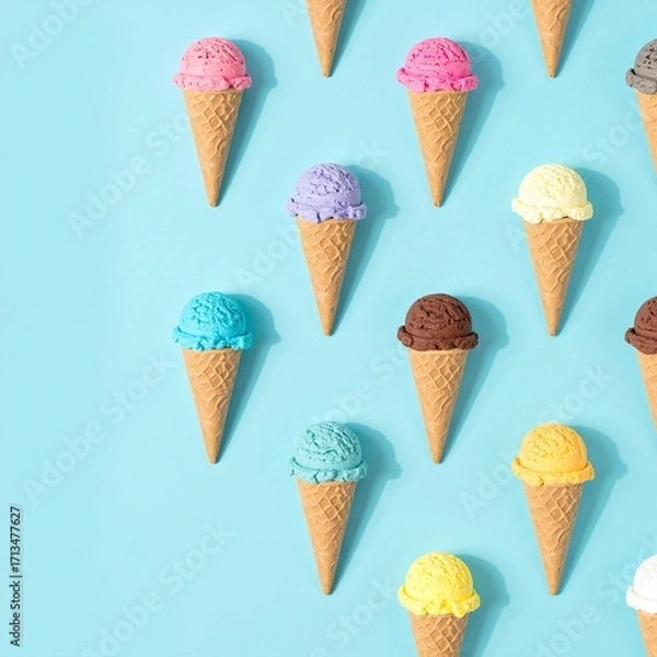Fototapeta A delightful assortment of colorful ice cream cones, featuring various flavors like chocolate, strawberry, and mint, set against a vibrant blue background.