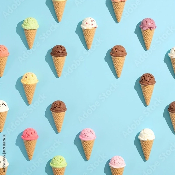 Fototapeta A colorful assortment of ice cream cones and cups featuring various flavors like chocolate, strawberry, and mint, set against a vibrant blue background.