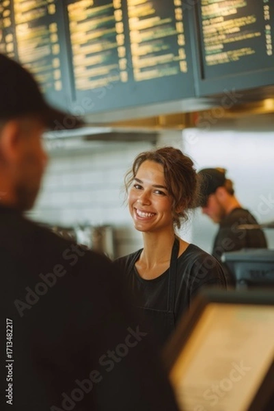 Fototapeta A smiling worker greeting customers at the counter The bright menu glows above them The mood feels friendly and welcoming