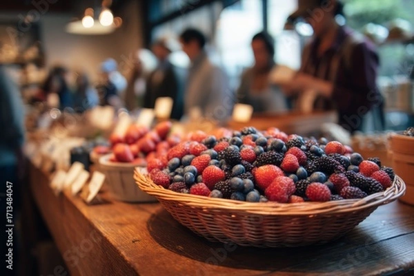 Fototapeta A basket overflowing with berries sits on a wooden table Customers lean in to take a closer look The mood feels colorful and inviting