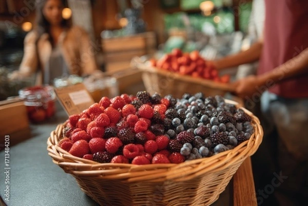 Fototapeta A basket overflowing with berries sits on a wooden table Customers lean in to take a closer look The mood feels colorful and inviting