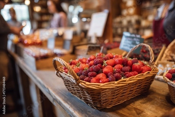 Fototapeta A basket overflowing with berries sits on a wooden table Customers lean in to take a closer look The mood feels colorful and inviting