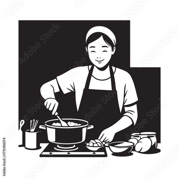Fototapeta Black and White Vector Illustration of a Smiling Woman Cooking in Kitchen with Apron and Headband