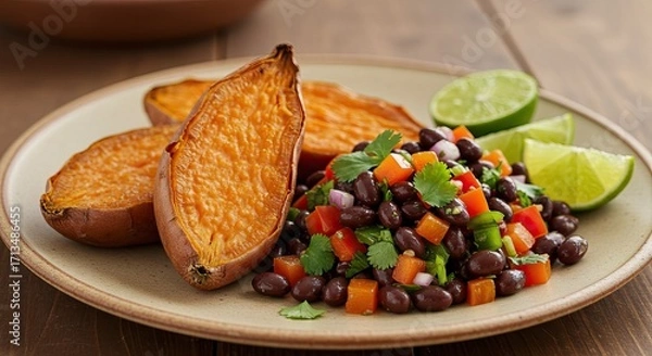 Obraz A plate features roasted sweet potatoes a black bean salsa with cilantro and lime wedges set on a wooden surface