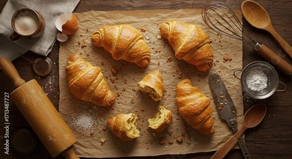 Obraz Overhead shot of croissants flour  utensils on parchment Focus on baked goods  ingredients
