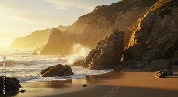 Obraz Seascape waves crash against rocks on a golden beach backed by cliffs
