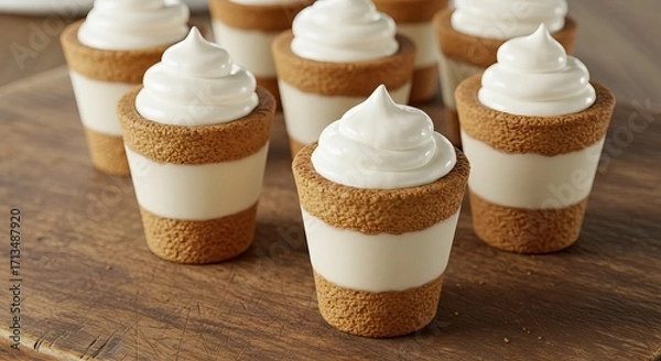 Obraz Small cups with creamy fillings and cookie edges arranged on a wooden surface