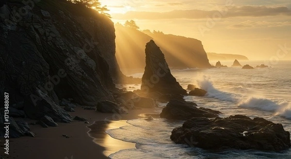 Obraz Sunlit coastal scene with jagged cliffs waves crashing on rocks and golden light streaming through the landscape