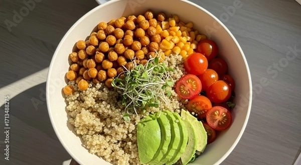 Fototapeta Topdown view of a bowl filled with chickpeas corn quinoa sprouts tomatoes and avocado slices