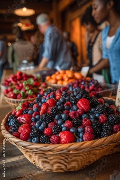Fototapeta A basket overflowing with berries sits on a wooden table Customers lean in to take a closer look The mood feels colorful and inviting
