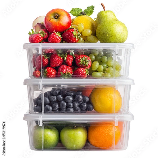 Fototapeta Stack of plastic containe with various fruits on transparent background