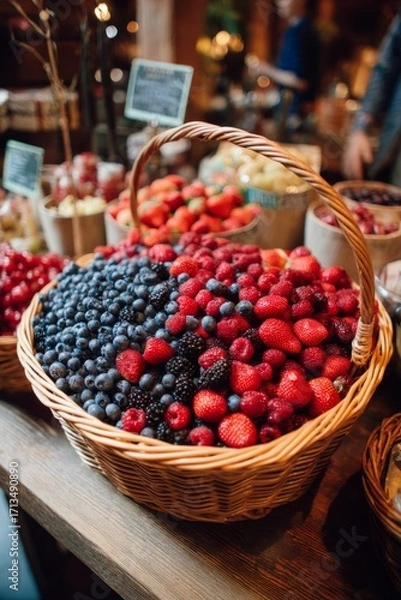 Fototapeta A basket overflowing with berries sits on a wooden table Customers lean in to take a closer look The mood feels colorful and inviting