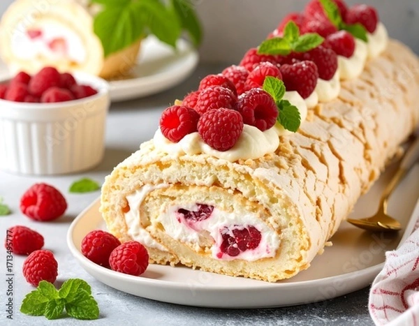 Fototapeta Delicious raspberry cream roll