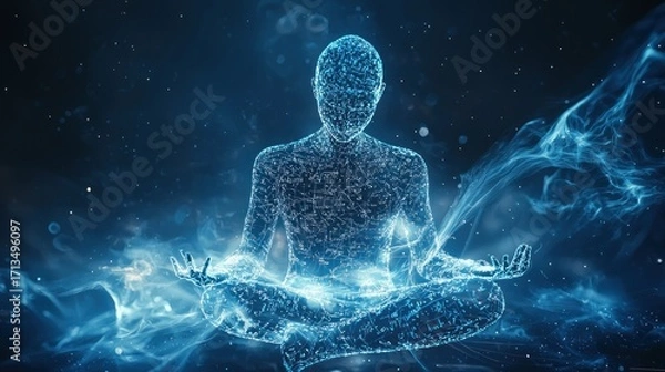 Fototapeta A digital representation of a human figure in a meditative pose, surrounded by ethereal blue and white energy, against a dark, starry background.