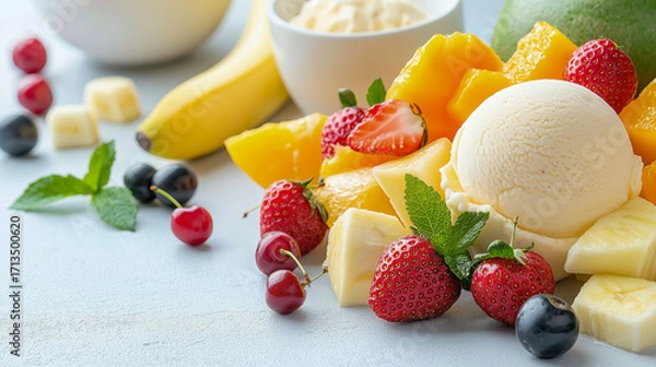 Fototapeta バニラアイスとフレッシュフルーツのデザート。Generative AI