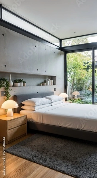 Fototapeta Modern and minimalist bedroom interior design, wooden flooring with gray carpet, bedside lamp, and large window with natural daylight
